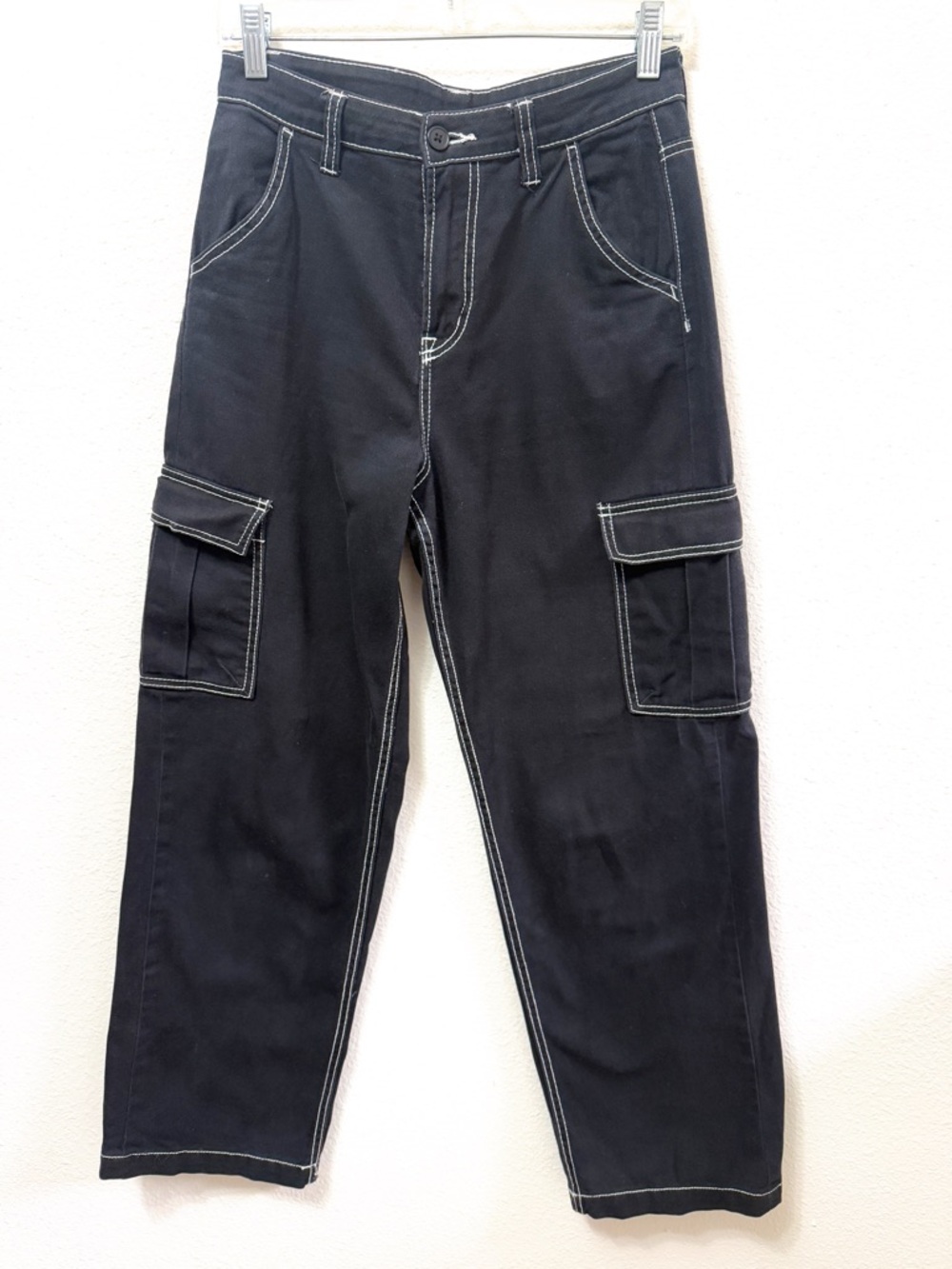 H&M Black Cargo Pants High Waist Contrast Stitch Straight Leg Size 2